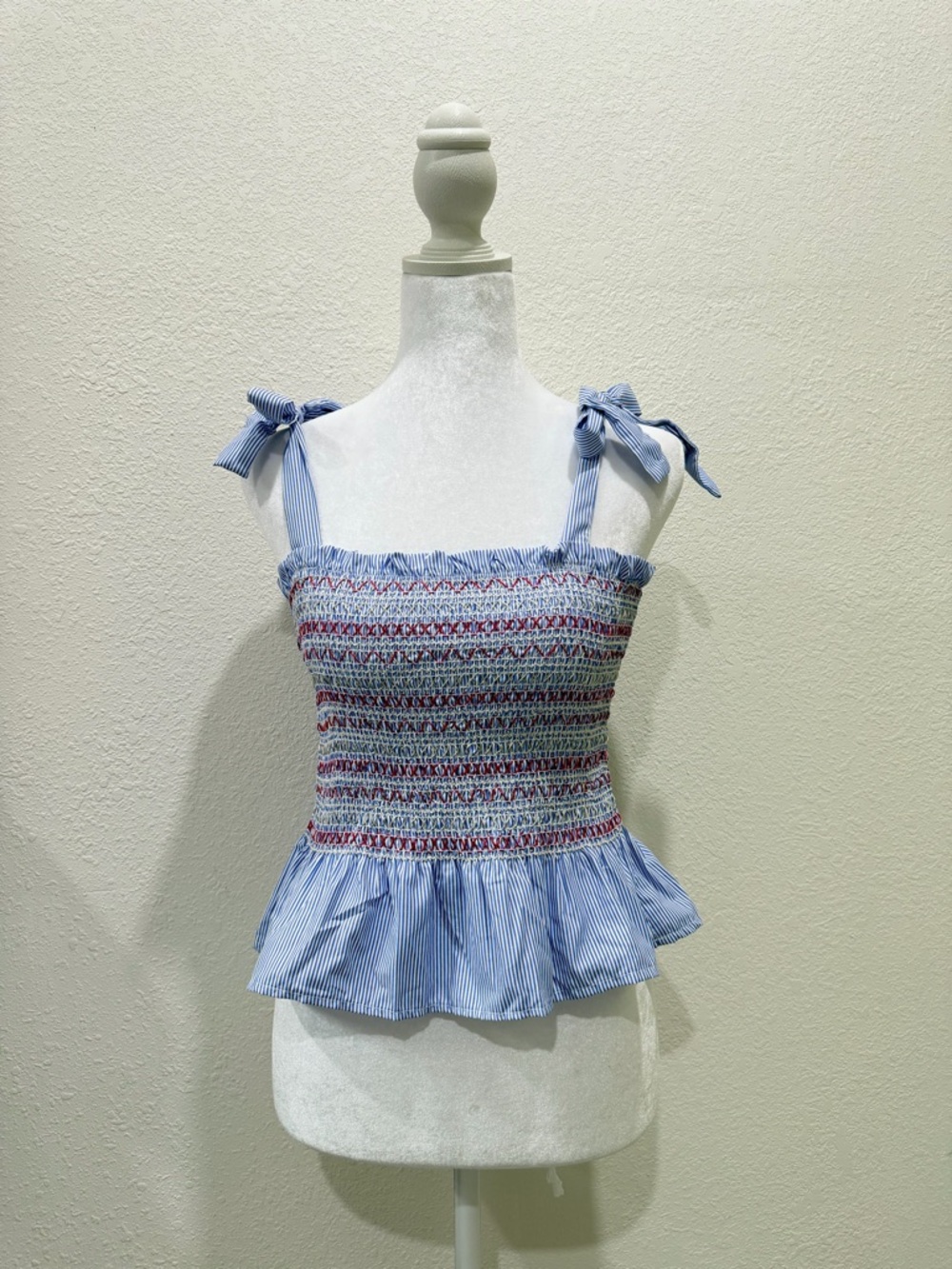 Style Envy Blue Striped Smocked Tie-Shoulder Peplum Camisole